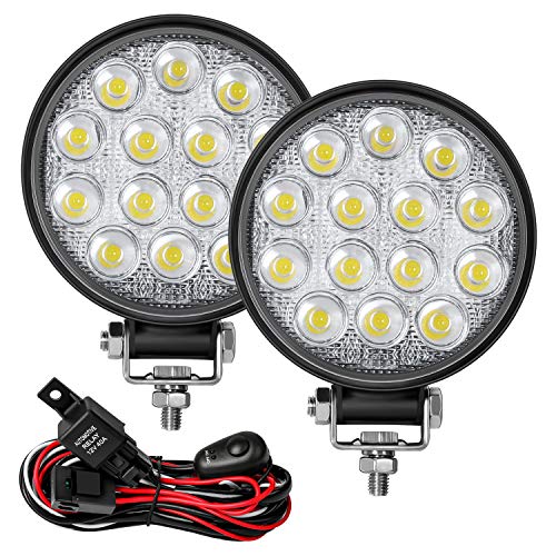 Zmoon Barra de luz LED redonda 2 piezas 4.5 pulgadas 140 W 14000 lm con arnés de guiño LED (10 pies/2 conductores), luz de inundación fuera de carretera antiniebla barra de luz de conducción para Jeep, SUV, camión, ATV, barco