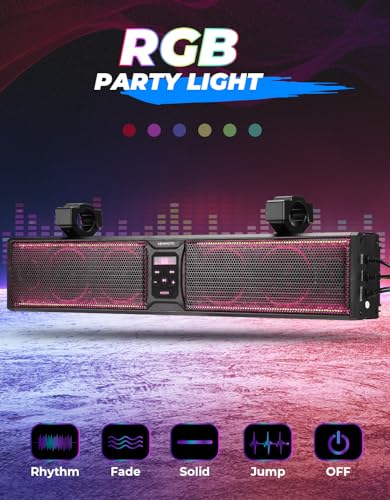 KEMIMOTO Barra de sonido UTV de 6 altavoces impermeables, Bluetooth, sincronización de música, multicolor, luces SxS de 26 pulgadas, barra de sonido inalámbrica para carrito de golf UTV con barra de rollo de 1.7-2.25 pulgadas