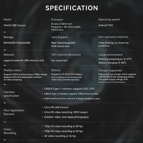 YONGNUO YN433 4K Cámara digital sin espejo, para transmisión en vivo en interiores, grabación continua de video Full HD, ligero, sistema de lentes Micro Cuatro Tercios M43, para lente de cámara