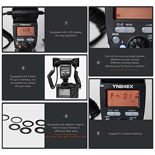 Yongnuo YN24EX S Macro Flash Speedlite, GN18 TTL con 2 cabezales de flash 7 anillos adaptadores, para cámaras Sony a6600 a6500 a6400 a7R4 a7R3 a7S3 a7S3 a7S3