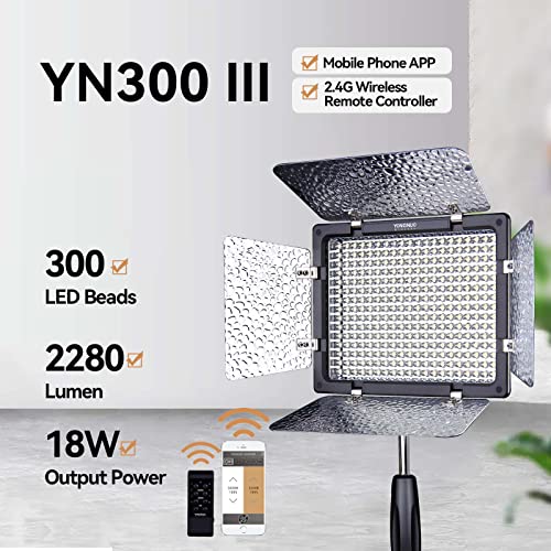 YONGNUO YN300 III YN-300 III - Luz de vídeo LED para cámara con adaptador de CA de 12 V2 A, temperatura de color ajustable, 3200 K-5600 K