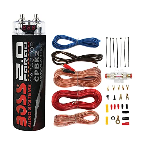 Boss Audio CPBK2 2 farad 20 voltios LED de voltaje digital para coche condensador de potencia y Soundstorm AKS8 calibre 8 amplificador de coche kit completo de cableado