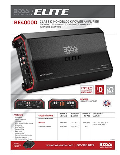 BOSS Audio Elite BE4000D 4000 Watt, Class D, Monoblock Amplifier, Remote Subwoofer Control