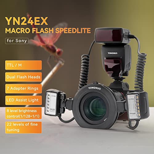 Yongnuo YN24EX S Macro Flash Speedlite, GN18 TTL con 2 cabezales de flash 7 anillos adaptadores, para cámaras Sony a6600 a6500 a6400 a7R4 a7R3 a7S3 a7S3 a7S3