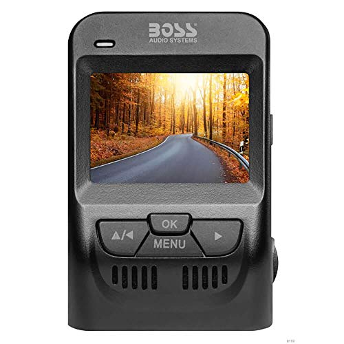 BOSS Audio BCAM70 - Sistema DVR para salpicadero de coche, visualización LCD de 2,4 pulgadas, grabación 1080P, cámara trasera incluida, grabación frontal trasera, detección de movimiento, grabación en bucle automático, gran angular de 110 grados