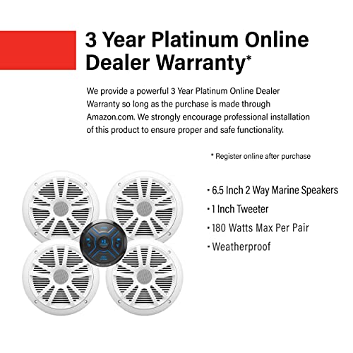 BOSS Audio Systems MG250W.64 Altavoces marinos y receptor de indicador (amplificador de 4 canales integrado) Paquete – IPX6 resistente a la intemperie, Bluetooth Audio, sin CD, USB, entrada auxiliar, altavoces de 6,5 pulgadas, rango completo