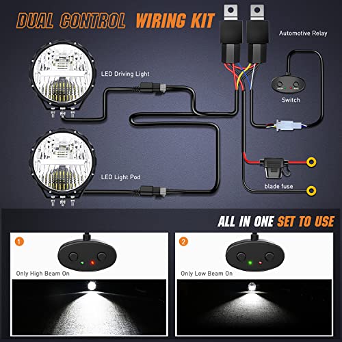 Nilight 7Inch Round Offroad Lights 2PCS 120W High Low Beam IP68 LED Driving Lights Pods Built-in EMC with 14AWG DT Connector Wiring Harness Kit for Truck ATV UTV SUV, 5 Years Warranty
