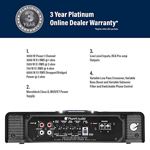 Planet Audio AC40001D 4000W MAX Anarchy Series Class D Monoblock Power Amplifier