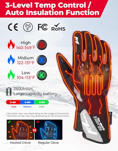Guantes térmicos de motocicleta kemimoto, guantes calefactables para hombres y mujeres, guantes de calefacción impermeables con batería recargable, guantes eléctricos táctiles, 7.4 V 2600 mAh, calor hasta 3.5 – 6 horas (XXL, negro)