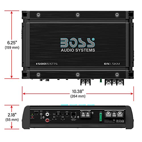 BOSS Audio Systems OX1.5KM Onyx Series - Amplificador de subwoofer de audio para coche, 1500 de alta salida, clase A/B, 2/4 ohmios, entradas de nivel bajo/alto, cruce de paso bajo, potencia MOSFET,