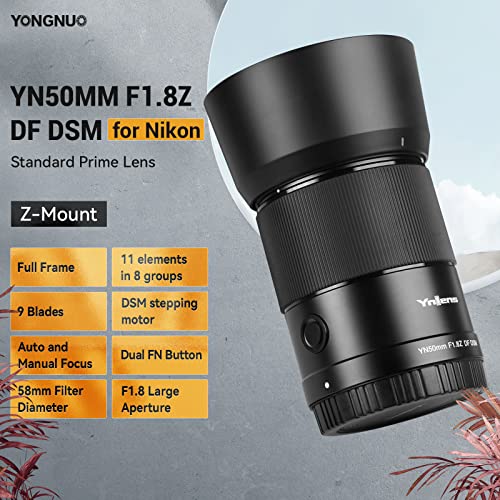 YONGNUO YN50MM F1.8Z DF DSM, lente AF MF de marco completo de 50 mm, apertura grande F1.8, lente Prime estándar para cámaras Nikon Z Mount sin espejo, color negro