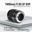 YONGNUO YN85mm F1.8S E Lente de montaje para Sony, F1.8 Lente de enfoque automático de apertura grande, lente de fotograma completo de 85 mm, lente de retrato medio, para cámara de montaje en E A7III