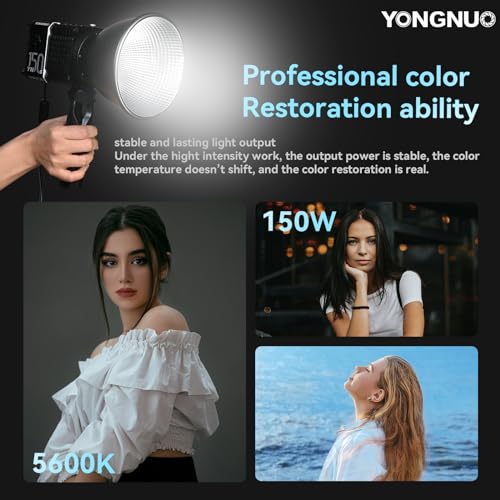 YONGNUO YN150S - Luz de video LED COB de 150 W 5600 K, luz de día, luz de salida continua de mano para fotografía, 15000 lux CRI95+ luces de estudio, con ventilador de refrigeración y soporte Bowens