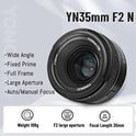 YONGNUO YN 35 mm Lente F2 1:2 AF/MF Gran Angular Fijo/Prime de Enfoque automático, Lente para cámaras réflex Digitales de Nikon