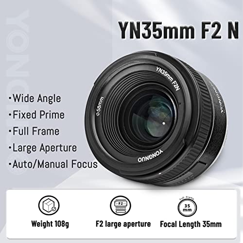 YONGNUO YN 35 mm Lente F2 1:2 AF/MF Gran Angular Fijo/Prime de Enfoque automático, Lente para cámaras réflex Digitales de Nikon