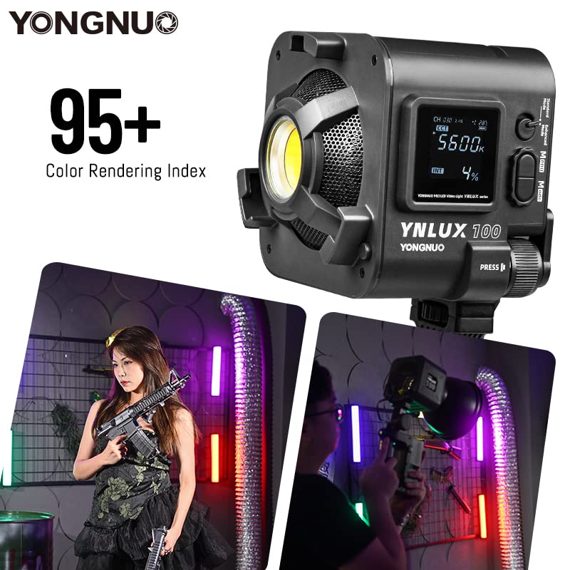 Yongnuo YNLUX100 - Luz de video LED con soporte Bowen y reflector, iluminación LED continua 3200-5600 K bicolor, CRI95+, 12188Lux@1M, control remoto inalámbrico 2.4G para bodas, videos de YouTube