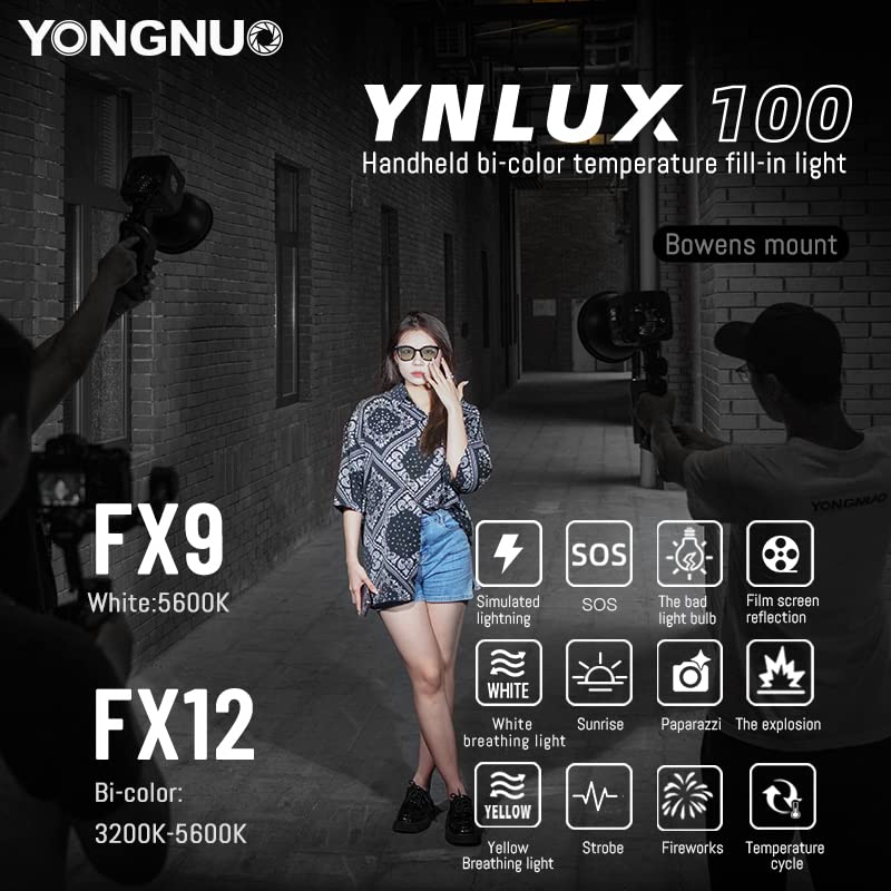 Yongnuo YNLUX100 - Luz de video LED con soporte Bowen y reflector, iluminación LED continua 3200-5600 K bicolor, CRI95+, 12188Lux@1M, control remoto inalámbrico 2.4G para bodas, videos de YouTube