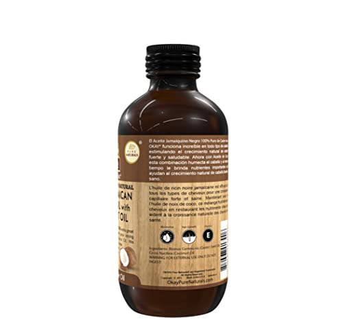 OKAY | Aceite de ricino jamaiquino negro 100% natural extra oscuro con aceite de coco | Para todas las texturas de cabello y tipos de piel | Crecer cabello fuerte y saludable - Hidratar y revitalizar la piel | 4 oz