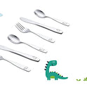 ANNOVA Juego de cubiertos para niños de 10 piezas, de acero inoxidable, 4 tenedores, 2 cuchillos de mesa seguros, 4 cucharadas, utensilios para niños, caja de almuerzo con dinosaurio (grabado T-Rex, triceratops, Diplodocus)