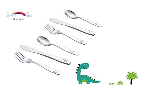 ANNOVA Juego de cubiertos para niños de 10 piezas, de acero inoxidable, 4 tenedores, 2 cuchillos de mesa seguros, 4 cucharadas, utensilios para niños, caja de almuerzo con dinosaurio (grabado T-Rex, triceratops, Diplodocus)