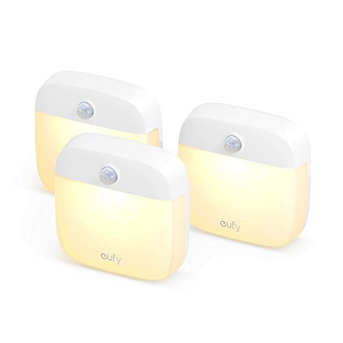 Eufy Lumi - Luz nocturna adhesiva de segunda generación LED blanca cálida, sensor de movimiento, recámara, baño, cocina, pasillo, escaleras, eficiencia energética, compacto, paquete de 3