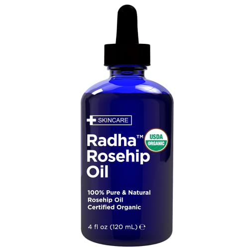 Radha Beauty USDA Certified Organic Rosehip Oil, 100% Pure Cold Pressed - Great Carrier Oil for Moisturizing Face, Hair, Skin, & Nails - 4 fl oz