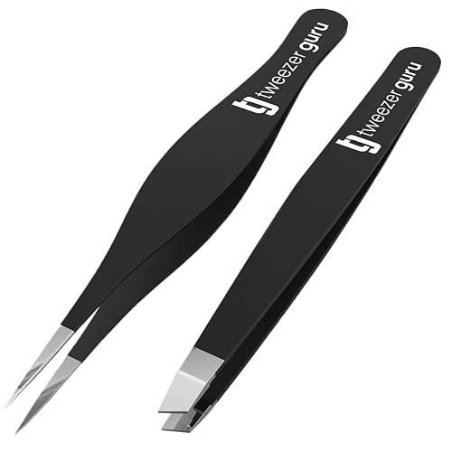 Tweezers Set - TweezerGuru Stainless Steel Slant Tip and Pointed Eyebrow Tweezer Set - Great Precision for Facial Hair, Ingrown Hair, Splinter, Blackhead and Tick Remover (Black)