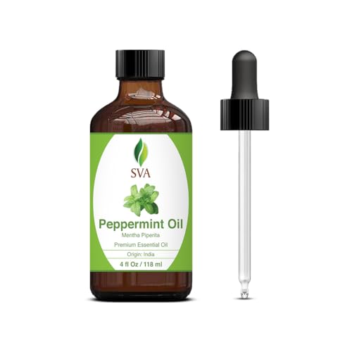 SVA Organics 100% Natural Peppermint Essential Oil â€"Therapeutic Grade Aromatic Oil, 4 Fl Oz with Dropper | Natural Aromatherapy Oils