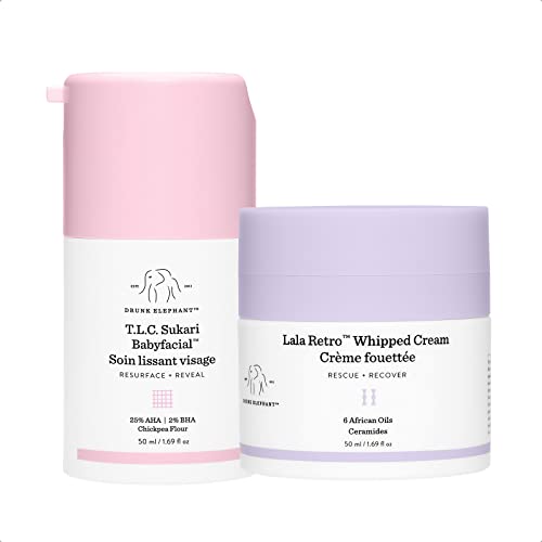 Drunk Elephant Full Sized Retro Renew Facial Duo- Skin Renewal Facial Duo with T.L.C. Sukari Babyfacial (50 ml) and Lala Retro Whipped Cream Facial Moisturizer (50 ml)