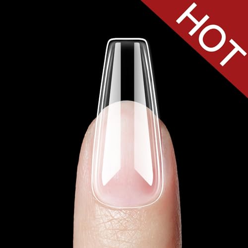 Beetles Coffin Nail Tips Nail Gel Kit, 2 In 1 Nail Gel Base Coat with Long False Nail and U V LED Nail Lamp for Acrylic Nail/Dip Powder Nails/Poly Nail Extension Gel Nail Art DIY Home