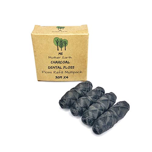 Vegan - Recarga de recambio de fibra dental de carbón de bambú biodegradable | Cera de candelilla natural | 33yds x4 | Aceite esencial de menta | respetuoso con el medio ambiente cero residuos bucales | 4 unidades