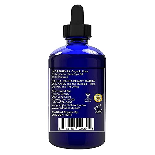 Radha Beauty USDA Certified Organic Rosehip Oil, 100% Pure Cold Pressed - Great Carrier Oil for Moisturizing Face, Hair, Skin, & Nails - 4 fl oz