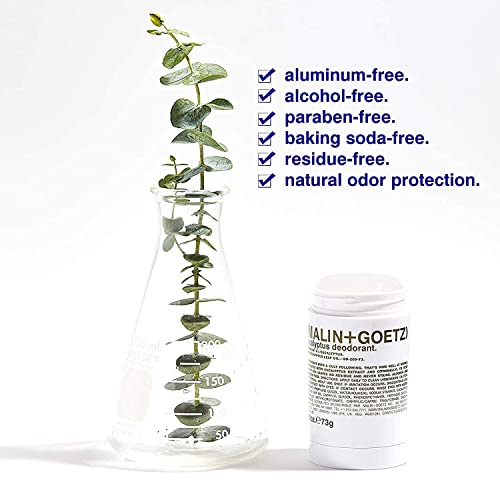 Malin + Goetz Desodorante de eucalipto bergamota, ingredientes naturales, eficaz contra el olor y el sudor, todo tipo de piel, sin residuos ni manchas, sin aluminio, alcohol, bicarbonato de sodio, parabenos, 2.6 onzas líquidas