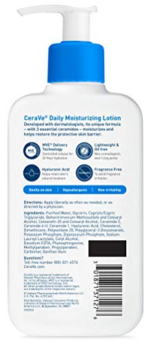 CeraVe Loción hidratante diaria | 8 oz | Loción facial y corporal para piel seca con ácido hialurónico | Sin fragancia