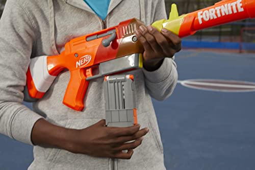 Nerf Lanzador Fortnite HR - Diseño de Papel Guau, Clip de 6 Dardos - 6 Dardos Elite - Perno Giratorio y cañón Desmontable