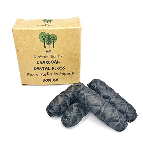 Vegan - Recarga de recambio de fibra dental de carbón de bambú biodegradable | Cera de candelilla natural | 33yds x4 | Aceite esencial de menta | respetuoso con el medio ambiente cero residuos bucales | 4 unidades