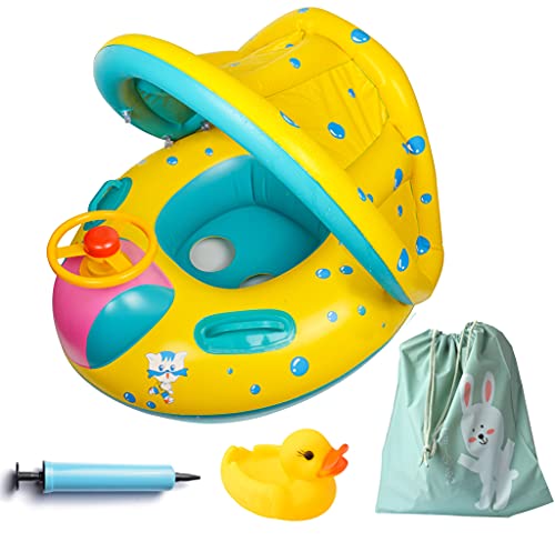 FindUWill Inflatable Baby Float-Pool Swimming Ring with Sun Canopy with Inflator Pump,Waterproof Carry Bag,Duck Toys