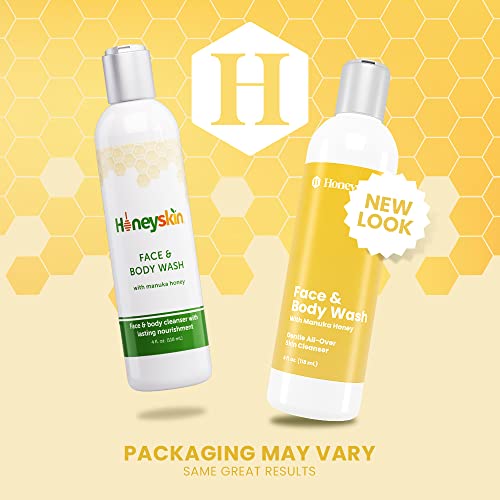 Gentle Moisturizing Organic Face & Body Wash (4 oz) Manuka Honey, Eczema, Psoriasis, Acne, Rosacea, Aloe Vera, Botanicals, No Parabens, No Sulfates, No Fragrance, Non-Allergenic by Honeyskin