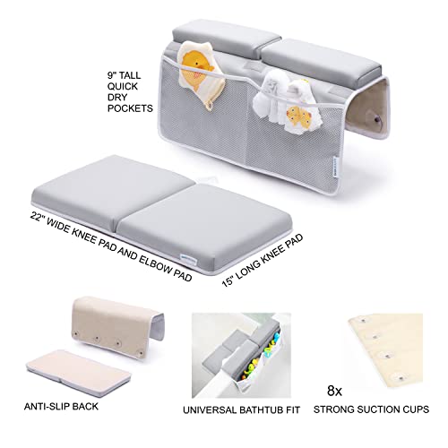 Reposacabezas para tina y codo de bebé, 1,75 pulgadas, extra grueso, almohadilla de rodillera y codo para tina. Coderas para tina con organizador de juguetes y accesorios para bebés, color gris
