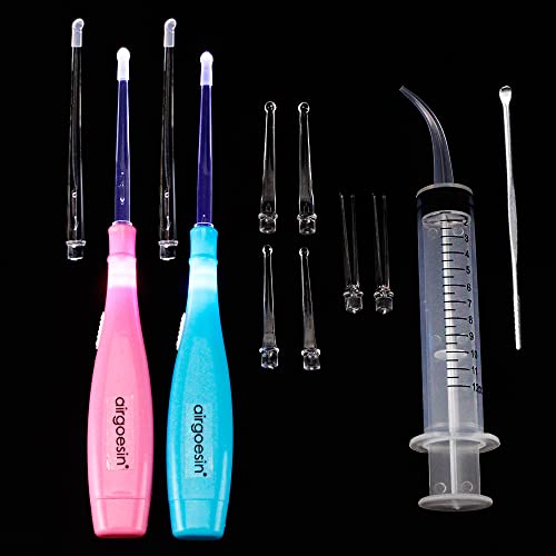 Airgoesin 2 Lighted Tonsil Stone Remove Tool, 6 Tips, Tonsillolith Pick Case + Irrigator Curved Clean Syringe