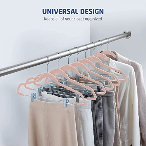 ZOBER - Perchas de terciopelo para pantalones de alta calidad, resistentes y duraderas, con clips de metal, gancho giratorio cromado de 360 grados, ultra delgadas, antideslizantes, con muescas