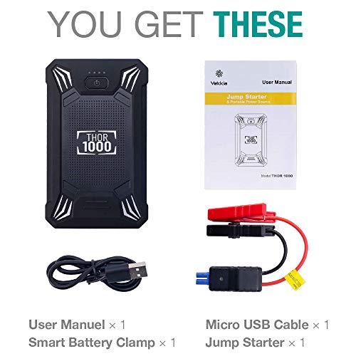 Vekkia - Arrancador de batería portátil para auto, pico de 600 A, impermeable, batería portátil de 12 V (hasta 4.0 L gas o motor diésel 2.0 L), automático, seguro, con puerto USB, abrazaderas inteligentes y linterna LED