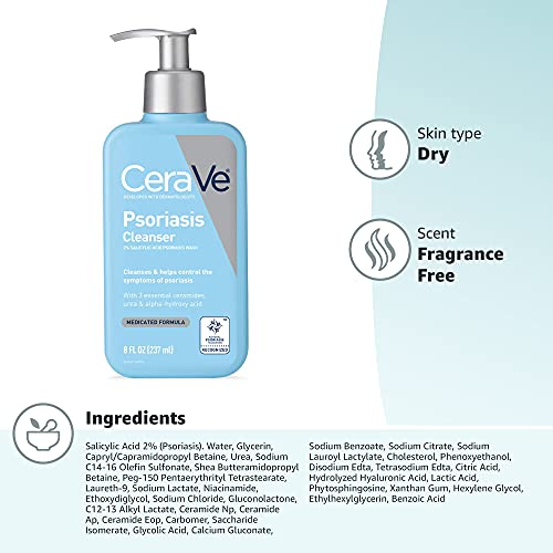 Limpiador CeraVe para tratamiento de psoriasis, 8 onzas, con ácido salicílico y urea para piel seca, alivio de picor, sin fragancia