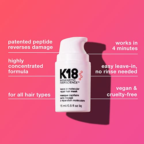 K18 Mascarilla capilar reparadora sin enjuague para reparar el cabello seco o dañado - 4 minutos para revertir el daño capilar causado por la decoloración 15 ml (paquete de 1)