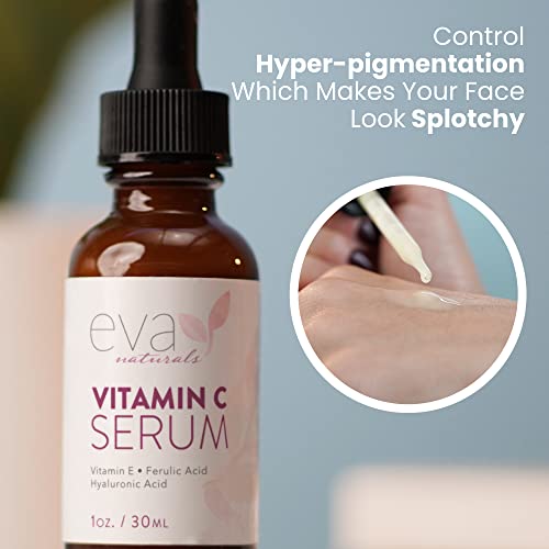 Vitamin C Serum 20% by Eva Naturals (1 oz) - Best Vitamin C Serum for Face, Offers Anti-Aging & Protection Against UV & Free Radical Damage - Hyaluronic Acid, Vitamin E & Turmeric - Enhanced Formula by Eva Naturals