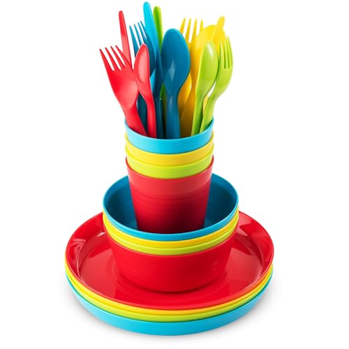 Plaskidy Juego de vajilla para niños de 4 a 24 piezas de plástico para niños, apto para microondas y lavaplatos, última intervensión de BPA, juego de cena para niños pequeños incluye platos y cuencos para niños