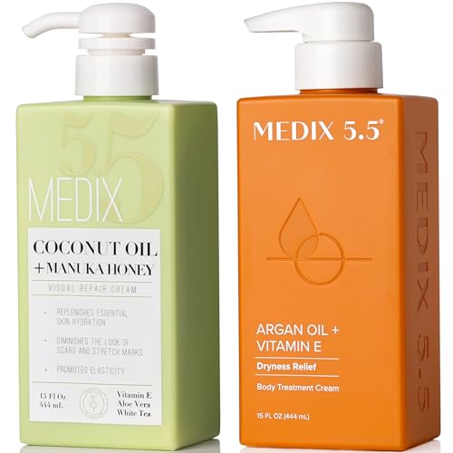 Set de crema de argán y crema de coco Medix 5.5. La crema de argán Medix 5.5 con oro de 24 quilates reduce las arrugas y la piel que se cae. Crema de coco hidrata la piel dañada y seca. Dos 15 oz