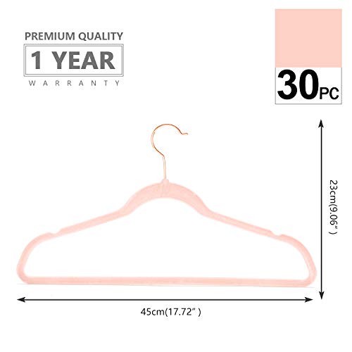MIZGI Perchas de terciopelo de alta calidad (paquete de 30) resistentes, antideslizantes, perchas de terciopelo blanco – ganchos de cobre/oro rosa, perchas para ahorrar espacio (blanco)