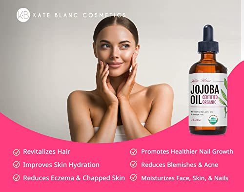 Jojoba Oil (4 oz), USDA Certified Organic, 100% Pure, Cold Pressed, Unrefined. Revitalizes Hair and Gives Skin a Radiant, Youthful Look. Great treatment for Face, Lips, Cuticles, Stretch Marks, Beard