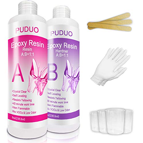 Puduo - Kit de resina epoxi para arte, joyas, manualidades, recubrimiento, 4 unidades de vasos graduados, 3 palos, 1 par de guantes de goma